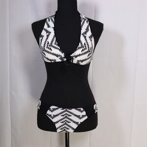 Khongboon Bikini Set Large Black White Womens Geometric Halter Swimsuit
